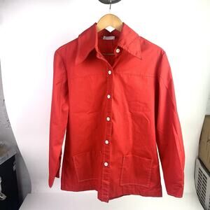 Vtg Womens Sears Red Long Sleeve Full Button Collared Shirt Front Pockets